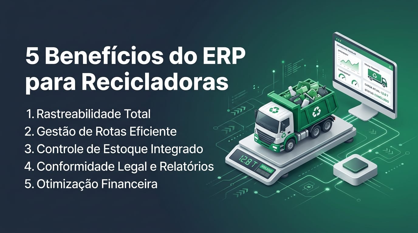 Ilustração de um caminhão de coleta sobre a balança, ligado a um painel do sistema, com o título "5 Benefícios do ERP para Recicladoras"