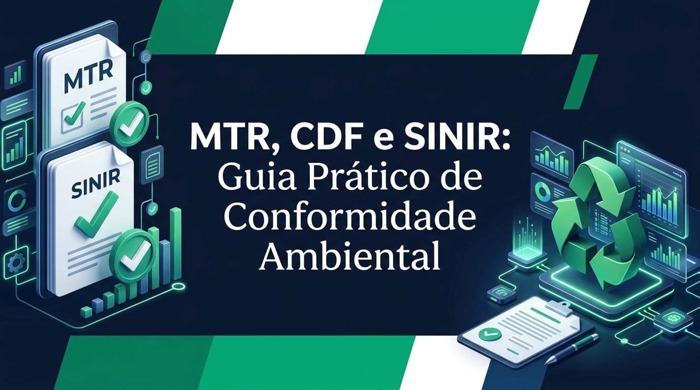 Ilustração com os documentos MTR e SINIR aprovados, gráficos e o símbolo da reciclagem, com o título "MTR, CDF e SINIR: Guia Prático de Conformidade Ambiental"