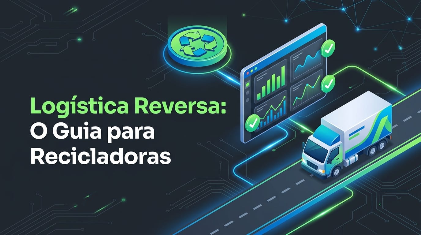 Ilustração de um caminhão numa estrada digital ligado a um painel de indicadores e ao símbolo da reciclagem, com o título "Logística Reversa: O Guia para Recicladoras"