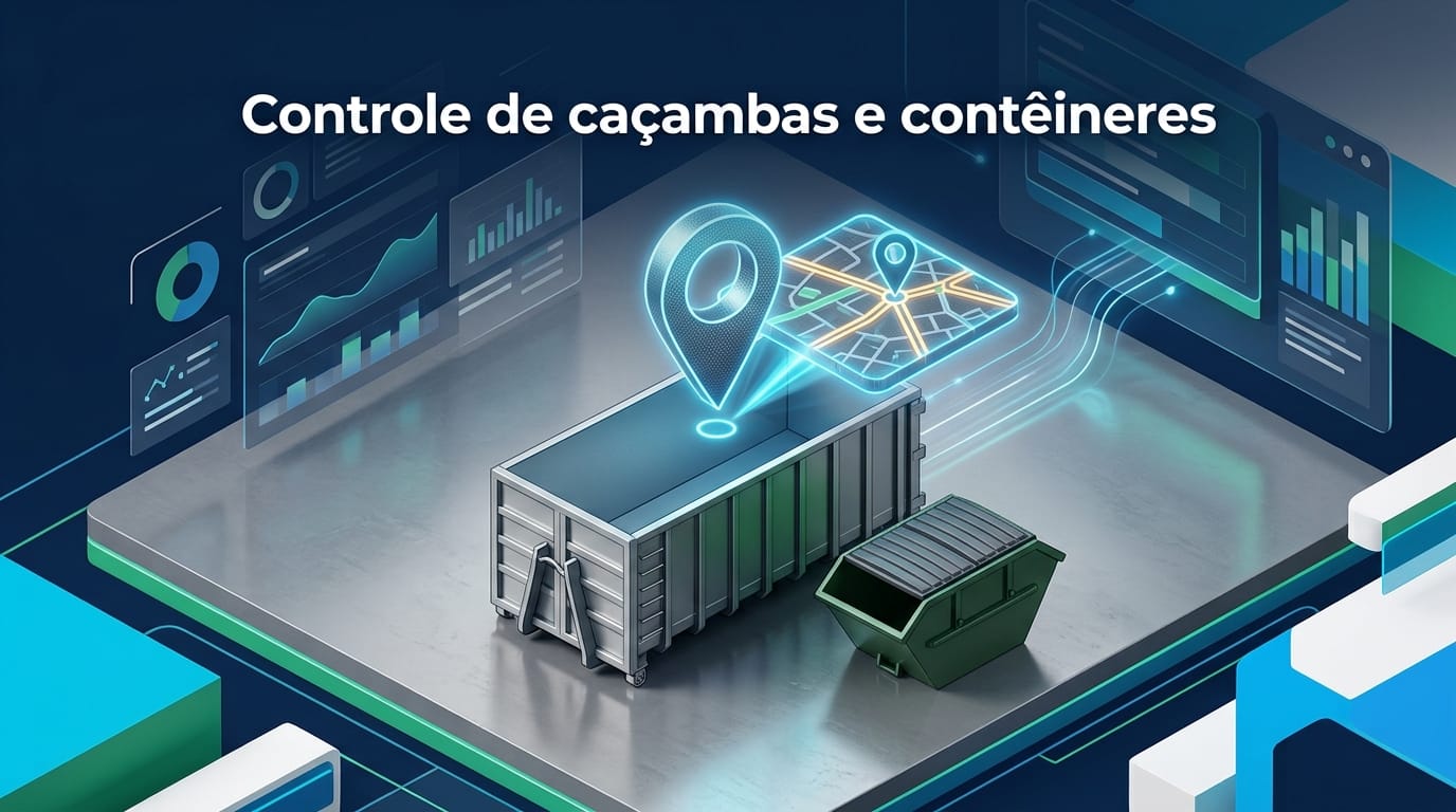 Ilustração de uma caçamba e um contêiner roll-on com um marcador de localização sobre um mapa e painéis de dados, com o título "Controle de caçambas e contêineres"
