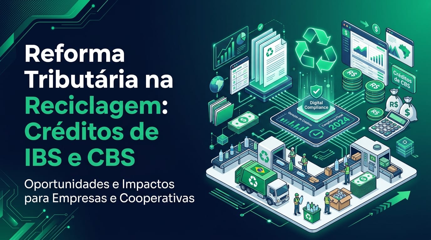 Ilustração de uma recicladora com notas fiscais, moedas e o símbolo da reciclagem, com o título "Reforma Tributária na Reciclagem: Créditos de IBS e CBS"