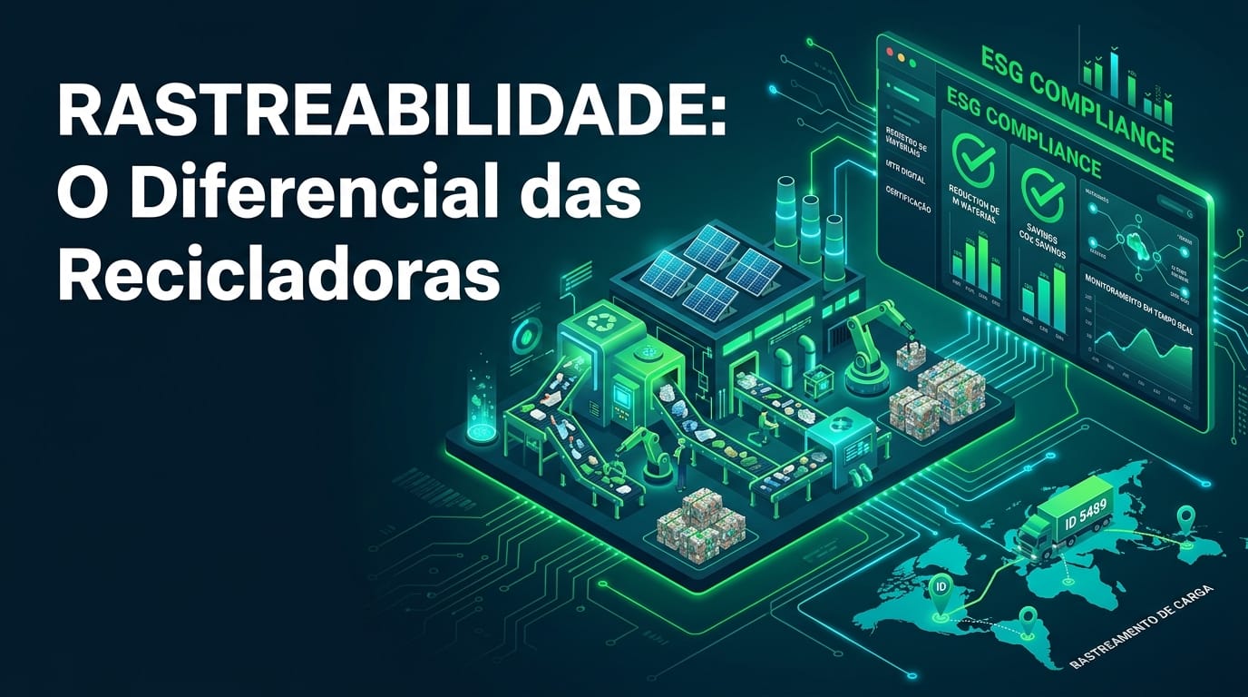 Ilustração de uma recicladora com esteiras e fardos, ligada a um painel de indicadores ambientais e a um mapa de rastreamento de cargas, com o título "Rastreabilidade: o diferencial das recicladoras"
