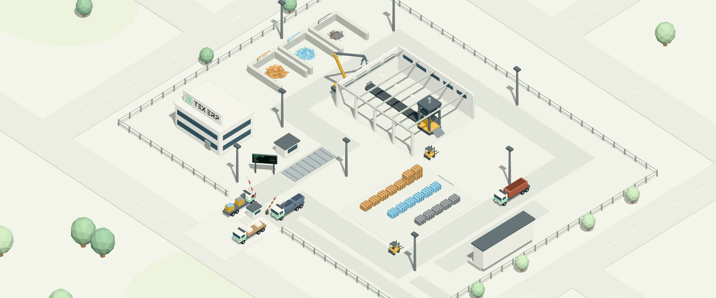 Recicladora em 3D: portaria com balança, baias de material, galpão de triagem com prensa e estoque de fardos