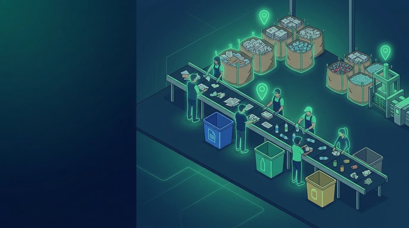 Mesa de triagem de uma cooperativa com material reciclável separado por tipo