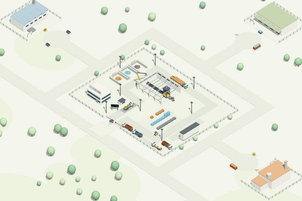 Vista da região: a recicladora no centro, os geradores de resíduos ao redor e os caminhões levando contêineres